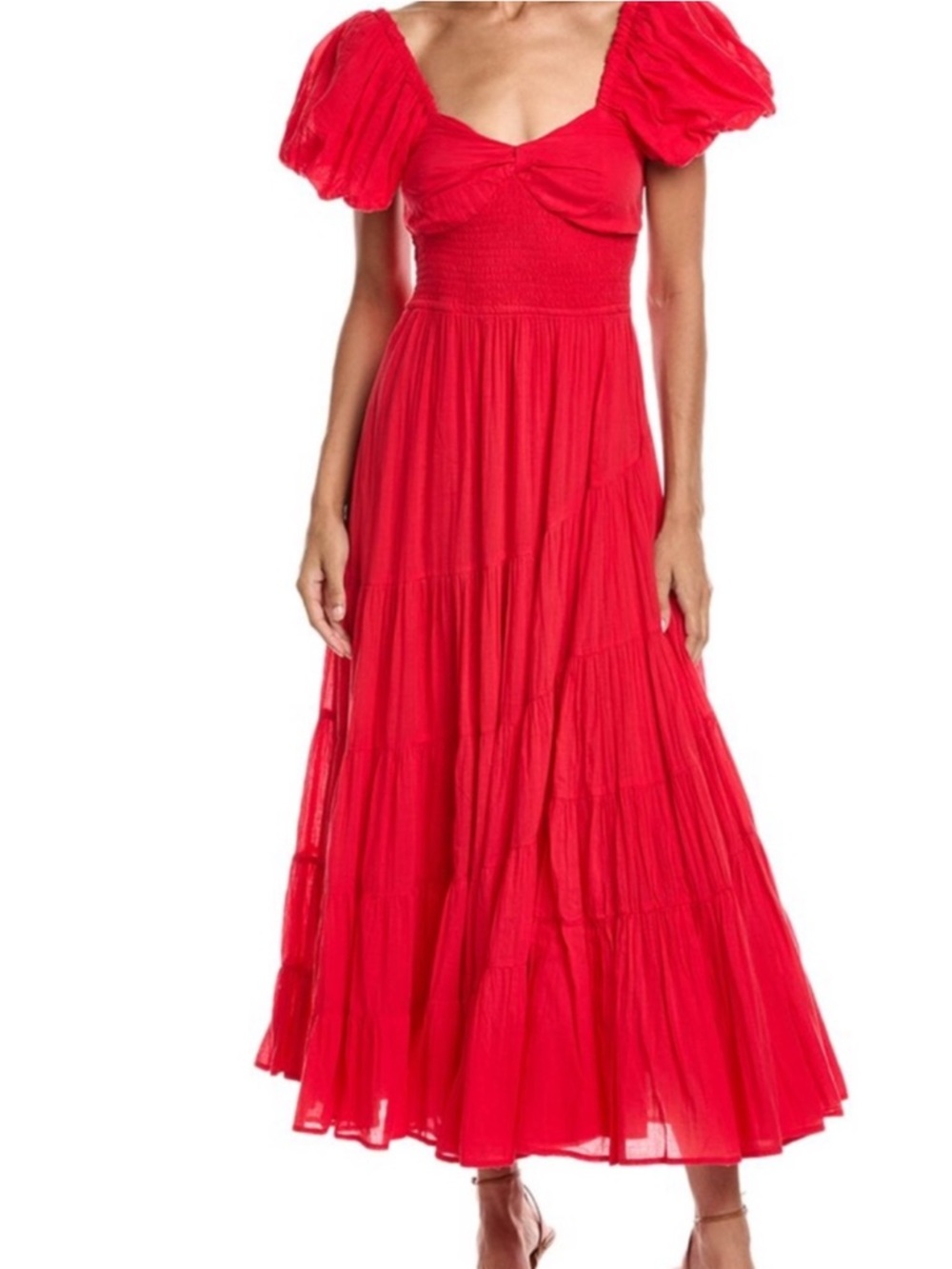 Free People Red Puff-Sleeve Tiered Maxi Dress